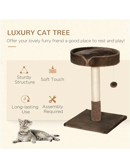 PawHut Small Cat Tree for Indoor Cats with Sisal Scratching Post Kitten Bed Cushion Ball Toy, Brown, 45x45x70 cm