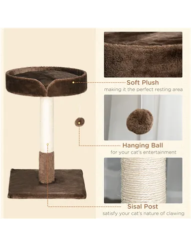 PawHut Small Cat Tree for Indoor Cats with Sisal Scratching Post Kitten Bed Cushion Ball Toy, Brown, 45x45x70 cm