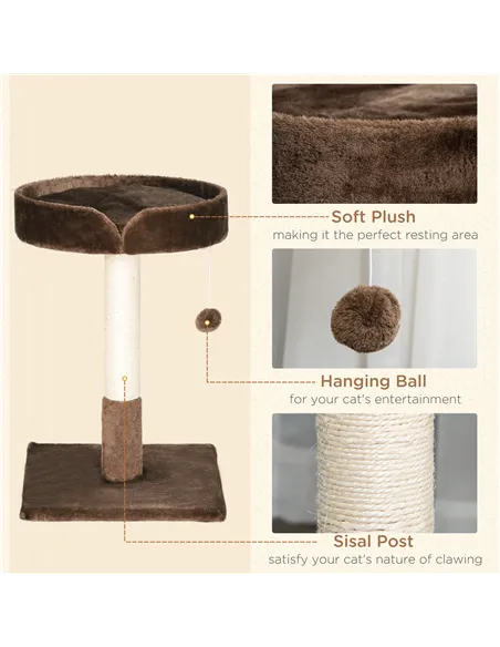 PawHut Small Cat Tree for Indoor Cats with Sisal Scratching Post Kitten Bed Cushion Ball Toy, Brown, 45x45x70 cm