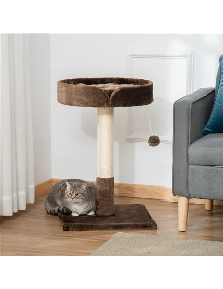 PawHut Small Cat Tree for Indoor Cats with Sisal Scratching Post Kitten Bed Cushion Ball Toy, Brown, 45x45x70 cm
