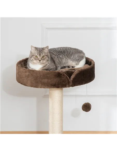 PawHut Small Cat Tree for Indoor Cats with Sisal Scratching Post Kitten Bed Cushion Ball Toy, Brown, 45x45x70 cm