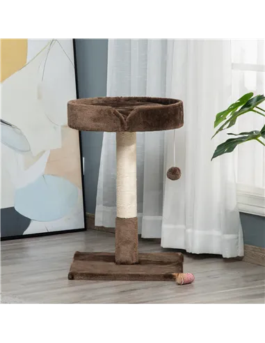 PawHut Small Cat Tree for Indoor Cats with Sisal Scratching Post Kitten Bed Cushion Ball Toy, Brown, 45x45x70 cm
