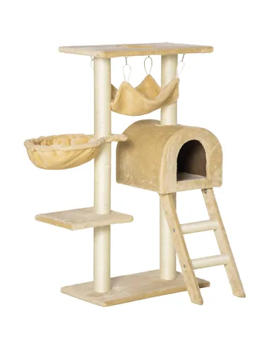 PawHut Cat Tree Tower for Indoor Cats Kitten Activity Centre Scratching Post w/ Hammock House Basket Ladder - Beige