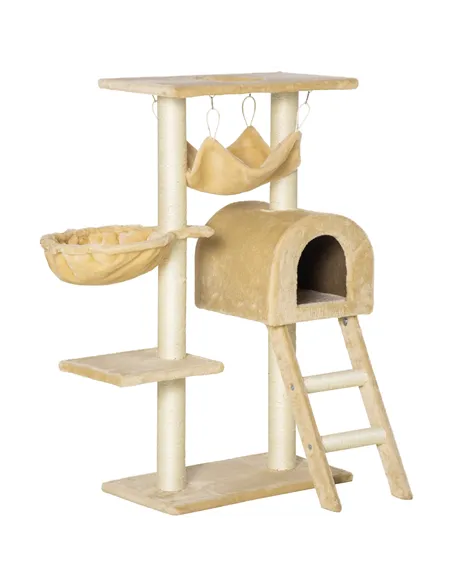 PawHut Cat Tree Tower for Indoor Cats Kitten Activity Centre Scratching Post w/ Hammock House Basket Ladder - Beige