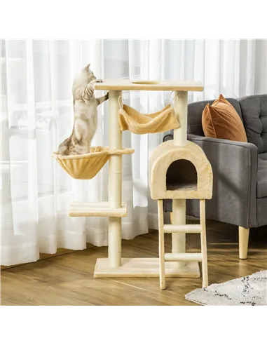 PawHut Cat Tree Tower for Indoor Cats Kitten Activity Centre Scratching Post w/ Hammock House Basket Ladder - Beige