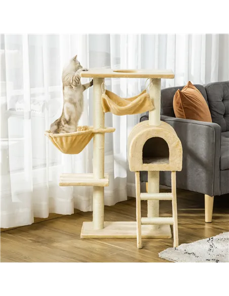 PawHut Cat Tree Tower for Indoor Cats Kitten Activity Centre Scratching Post w/ Hammock House Basket Ladder - Beige