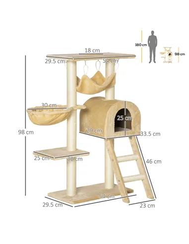 PawHut Cat Tree Tower for Indoor Cats Kitten Activity Centre Scratching Post w/ Hammock House Basket Ladder - Beige