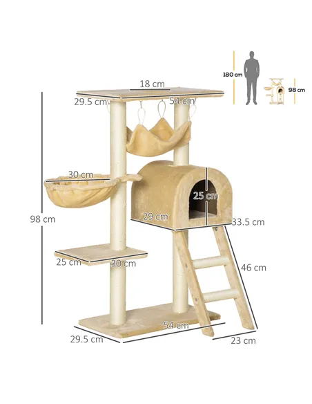 PawHut Cat Tree Tower for Indoor Cats Kitten Activity Centre Scratching Post w/ Hammock House Basket Ladder - Beige