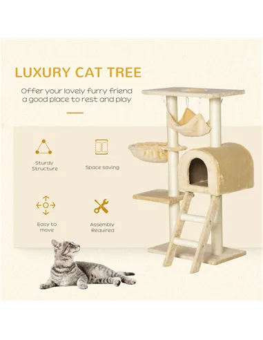 PawHut Cat Tree Tower for Indoor Cats Kitten Activity Centre Scratching Post w/ Hammock House Basket Ladder - Beige