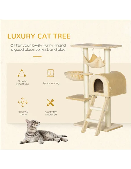 PawHut Cat Tree Tower for Indoor Cats Kitten Activity Centre Scratching Post w/ Hammock House Basket Ladder - Beige