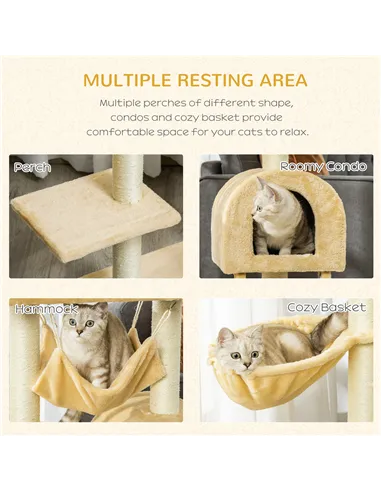 PawHut Cat Tree Tower for Indoor Cats Kitten Activity Centre Scratching Post w/ Hammock House Basket Ladder - Beige