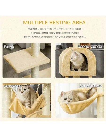 PawHut Cat Tree Tower for Indoor Cats Kitten Activity Centre Scratching Post w/ Hammock House Basket Ladder - Beige