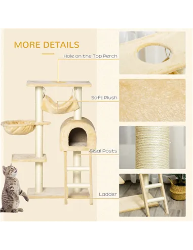 PawHut Cat Tree Tower for Indoor Cats Kitten Activity Centre Scratching Post w/ Hammock House Basket Ladder - Beige
