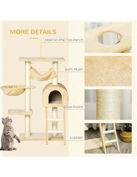 PawHut Cat Tree Tower for Indoor Cats Kitten Activity Centre Scratching Post w/ Hammock House Basket Ladder - Beige
