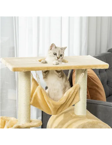 PawHut Cat Tree Tower for Indoor Cats Kitten Activity Centre Scratching Post w/ Hammock House Basket Ladder - Beige