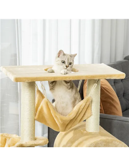 PawHut Cat Tree Tower for Indoor Cats Kitten Activity Centre Scratching Post w/ Hammock House Basket Ladder - Beige