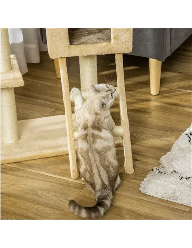 PawHut Cat Tree Tower for Indoor Cats Kitten Activity Centre Scratching Post w/ Hammock House Basket Ladder - Beige