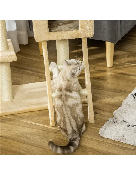 PawHut Cat Tree Tower for Indoor Cats Kitten Activity Centre Scratching Post w/ Hammock House Basket Ladder - Beige
