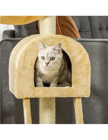 PawHut Cat Tree Tower for Indoor Cats Kitten Activity Centre Scratching Post w/ Hammock House Basket Ladder - Beige