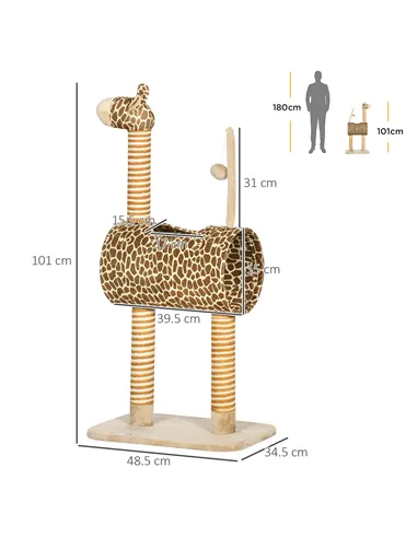 PawHut Giraffe-Designed Cat Tree, with Scratching Posts, Cat Tunnel, Toy Ball - Beige