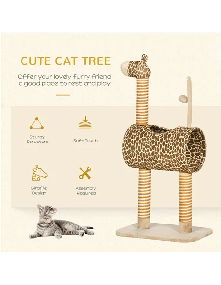 PawHut Giraffe-Designed Cat Tree, with Scratching Posts, Cat Tunnel, Toy Ball - Beige