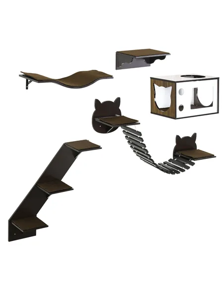 PawHut 5 Piece Cat Wall Shelves, Wall-Mounted Cat Tree for Indoor Use - Brown