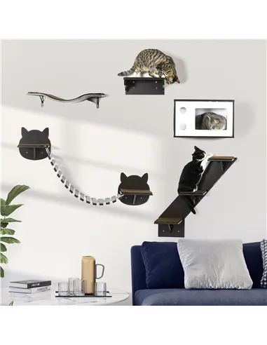 PawHut 5 Piece Cat Wall Shelves, Wall-Mounted Cat Tree for Indoor Use - Brown