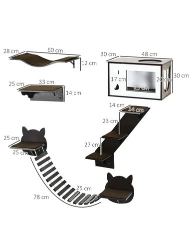PawHut 5 Piece Cat Wall Shelves, Wall-Mounted Cat Tree for Indoor Use - Brown