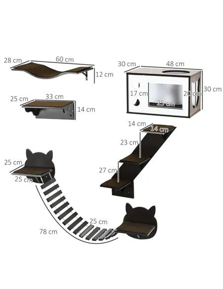 PawHut 5 Piece Cat Wall Shelves, Wall-Mounted Cat Tree for Indoor Use - Brown