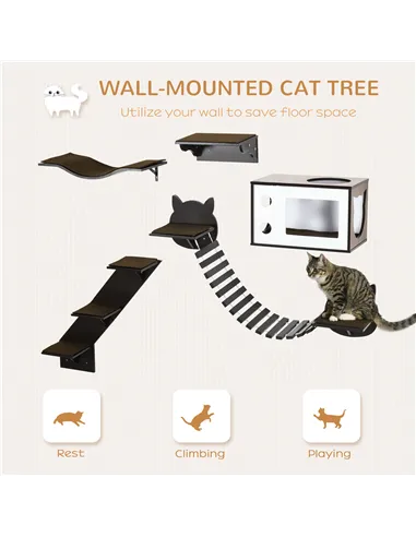 PawHut 5 Piece Cat Wall Shelves, Wall-Mounted Cat Tree for Indoor Use - Brown