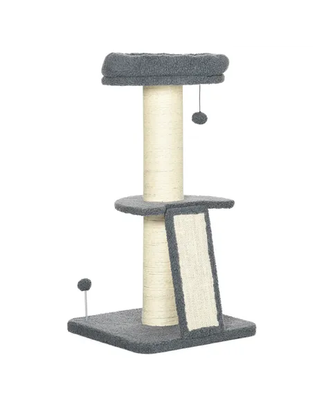 PawHut Cat Tree Tower with Scratching Posts, Pad, Bed, Toy Ball-Dark Grey