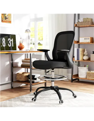 HOMCOM Draughtsman Chair, Mesh Drafting Chair, Ergonomic Office Chair with Flip-up Armrest, Adjustable Foot Ring, Black