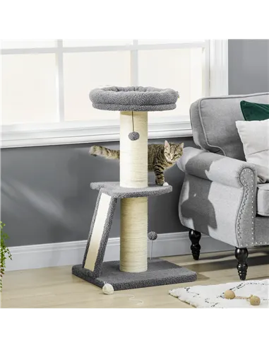 PawHut Cat Tree Tower with Scratching Posts, Pad, Bed, Toy Ball-Dark Grey