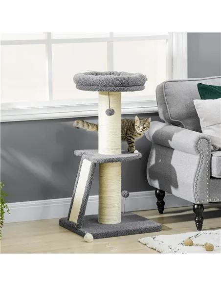 PawHut Cat Tree Tower with Scratching Posts, Pad, Bed, Toy Ball-Dark Grey