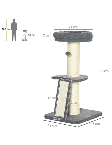 PawHut Cat Tree Tower with Scratching Posts, Pad, Bed, Toy Ball-Dark Grey