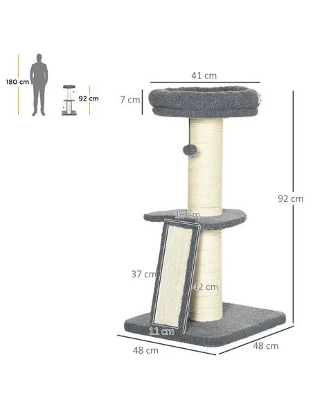 PawHut Cat Tree Tower with Scratching Posts, Pad, Bed, Toy Ball-Dark Grey
