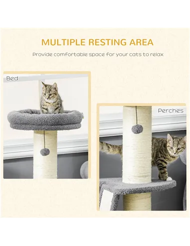 PawHut Cat Tree Tower with Scratching Posts, Pad, Bed, Toy Ball-Dark Grey