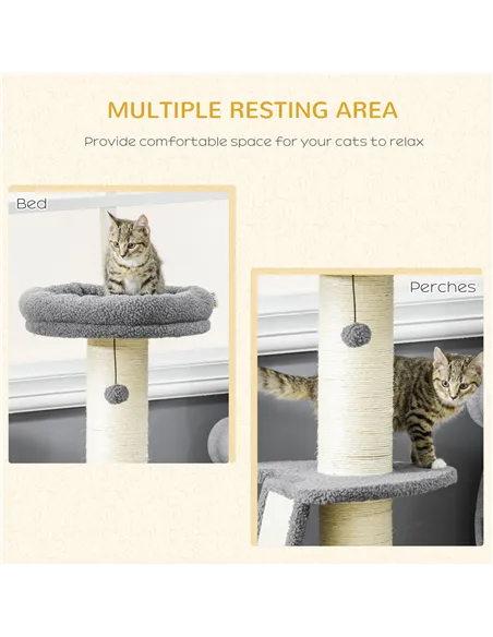 PawHut Cat Tree Tower with Scratching Posts, Pad, Bed, Toy Ball-Dark Grey