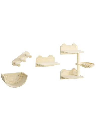 PawHut 4PCs Wall-Mounted Cat Shelves w/ Scratching Post, Hammock, Nest - Beige