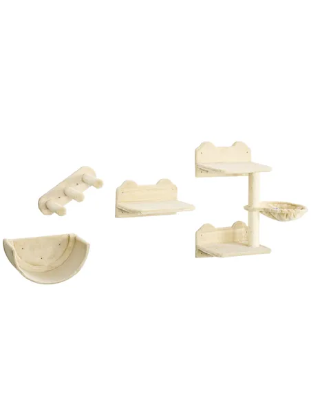 PawHut 4PCs Wall-Mounted Cat Shelves w/ Scratching Post, Hammock, Nest - Beige