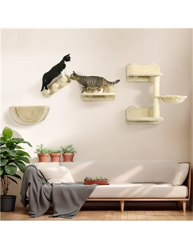 PawHut 4PCs Wall-Mounted Cat Shelves w/ Scratching Post, Hammock, Nest - Beige