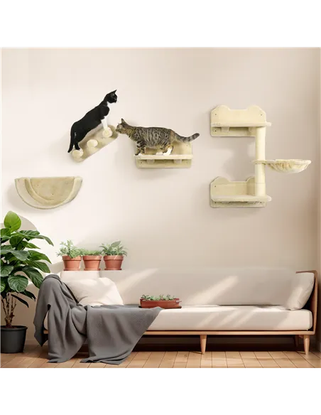 PawHut 4PCs Wall-Mounted Cat Shelves w/ Scratching Post, Hammock, Nest - Beige