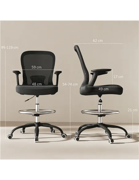 HOMCOM Draughtsman Chair, Mesh Drafting Chair, Ergonomic Office Chair with Flip-up Armrest, Adjustable Foot Ring, Black