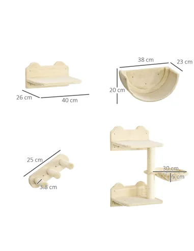 PawHut 4PCs Wall-Mounted Cat Shelves w/ Scratching Post, Hammock, Nest - Beige