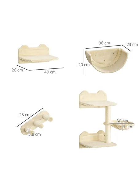 PawHut 4PCs Wall-Mounted Cat Shelves w/ Scratching Post, Hammock, Nest - Beige