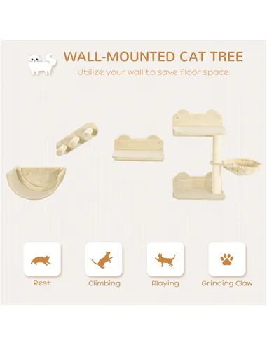 PawHut 4PCs Wall-Mounted Cat Shelves w/ Scratching Post, Hammock, Nest - Beige