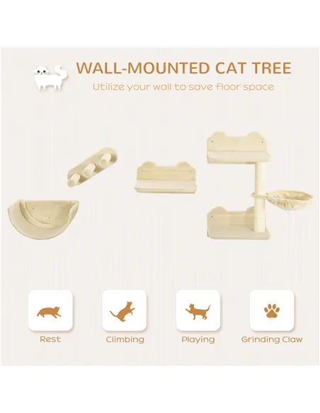 PawHut 4PCs Wall-Mounted Cat Shelves w/ Scratching Post, Hammock, Nest - Beige