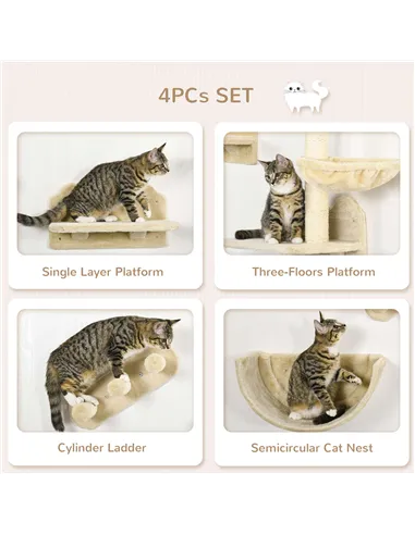 PawHut 4PCs Wall-Mounted Cat Shelves w/ Scratching Post, Hammock, Nest - Beige