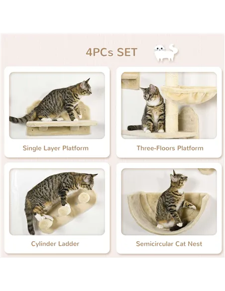 PawHut 4PCs Wall-Mounted Cat Shelves w/ Scratching Post, Hammock, Nest - Beige