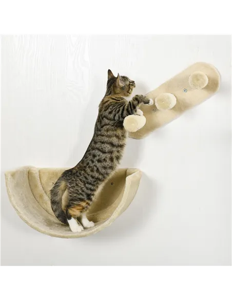 PawHut 4PCs Wall-Mounted Cat Shelves w/ Scratching Post, Hammock, Nest - Beige